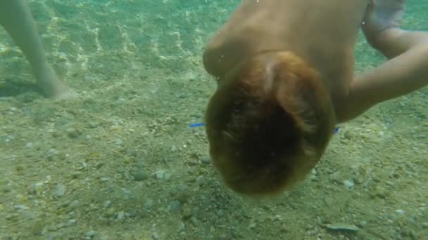 Kleiner Junge schwimmt unter Wasser, um eine Muschel zu nehmen — Stockvideo