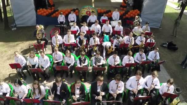 Вид с воздуха на детский оркестр духовых инструментов, выступающий в парке — стоковое видео
