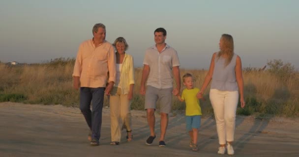 Stor familj promenader på landsbygden vid solnedgången — Stockvideo
