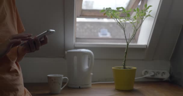 Femme utilisant un téléphone portable et faire du thé à la maison — Video