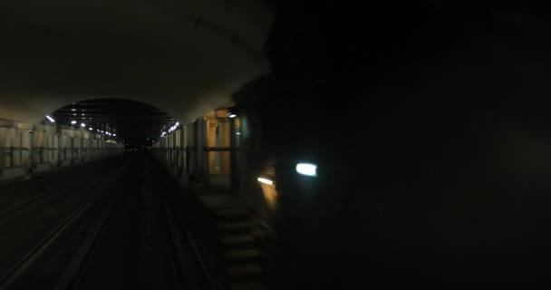Метро прибывает на станцию метро — стоковое видео