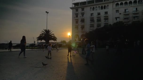 Kinder und Tauben am Stadtplatz — Stockvideo