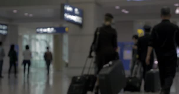 Экипаж самолета и пассажиры в терминале аэропорта — стоковое видео