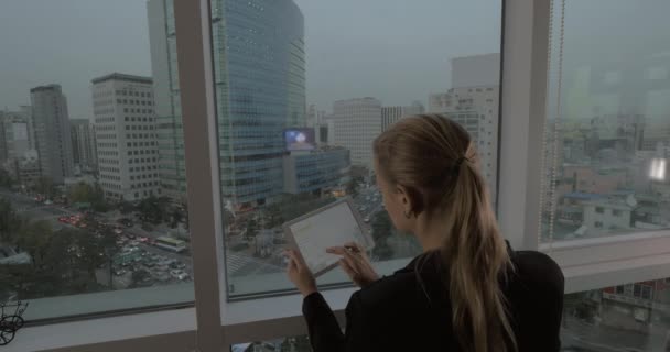 Mujer de negocios con almohadilla mirando el panorama de Seúl, Corea del Sur — Vídeo de stock