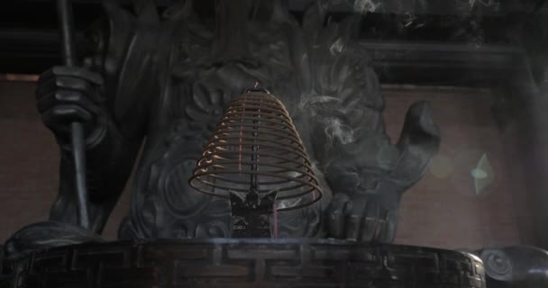 Incienso y estatua del guerrero en el templo de Bai Dinh, Vietnam — Vídeos de Stock