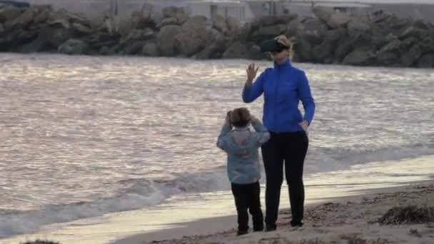 Mère et fils s'amusent avec des lunettes VR sur le rivage — Video