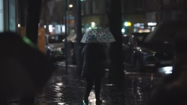 Våt kveldsgate med vandrende mennesker – stockvideo