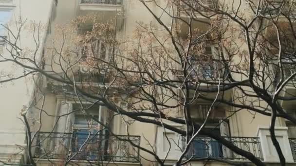 Antigua casa de apartamentos europea con árboles desnudos en frente — Vídeo de stock