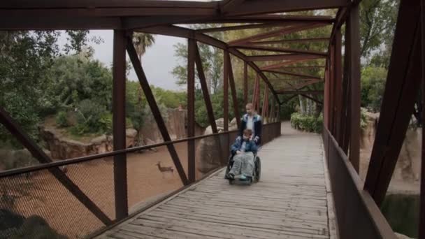 Mutter mit behindertem Sohn erkundet den Zoo — Stockvideo