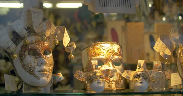 Fancy Venetian Carnival Masks Exposed on Shop Counter — Stock Photo, Image