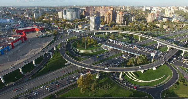 Aerial shot of Moscow cityscape with busy interchanges, Russia