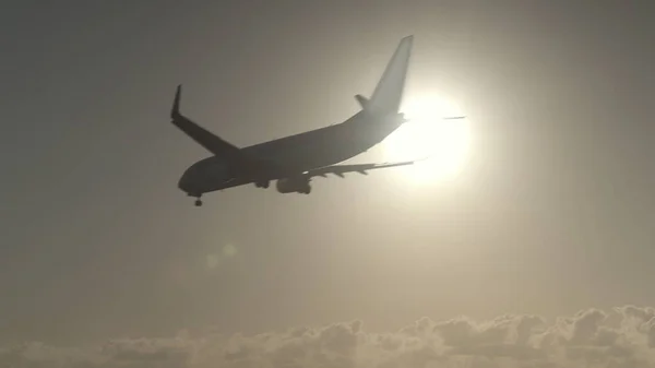 Plane flight against the sunlight — Stock Photo, Image