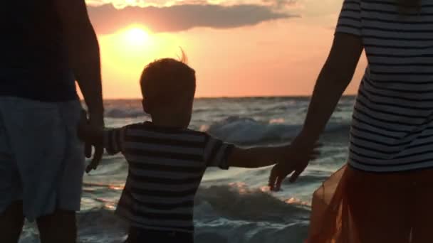 Familia mirando el atardecer cogidos de la mano — Vídeos de Stock