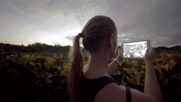 Mulher ao ar livre usando tablet PC para fazer fotos de cenas da natureza — Vídeo de Stock