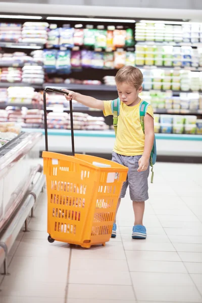 Little boy with big shopping cart in the store — Stock Photo, Image