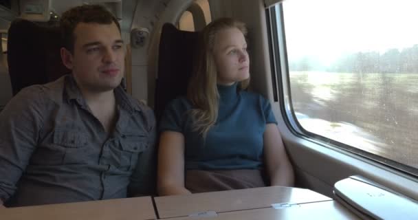 Two passengers looking out the train window — Stock Video