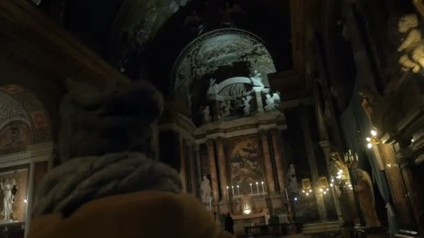 Woman in ancient Catholic church — Stock Video