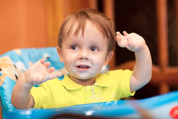 Happy little boy with face got dirty — Stock Photo, Image