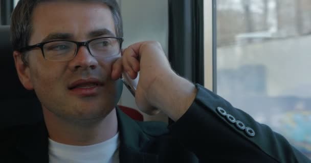 Homme d'affaires parlant au téléphone dans le train 