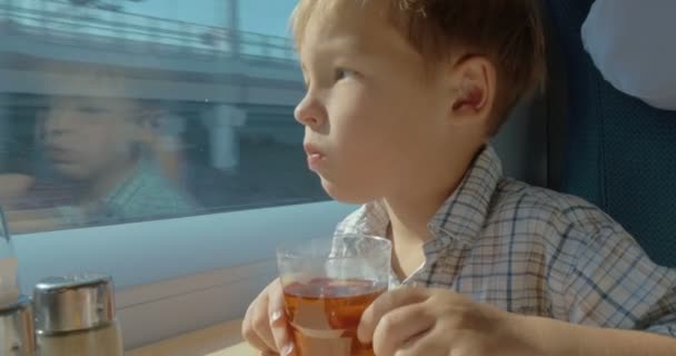 Çocuk çay içiyor ve hareket halindeki trende pencereden dışarı bakıyor — Stok video