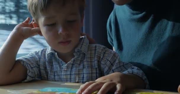 Kind und Mutter lesen Kinderbuch im Zug — Stockvideo