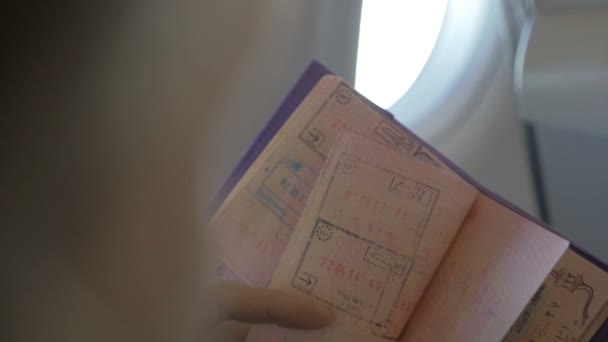 Páginas de cambio de un pasaporte de viaje — Vídeo de stock