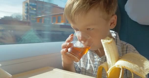 Kleine jongen eet terwijl het reizen per trein — Stockvideo