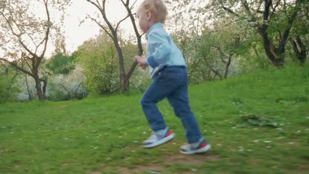 快乐的小男孩，在盛开的公园跑步 — 图库视频影像