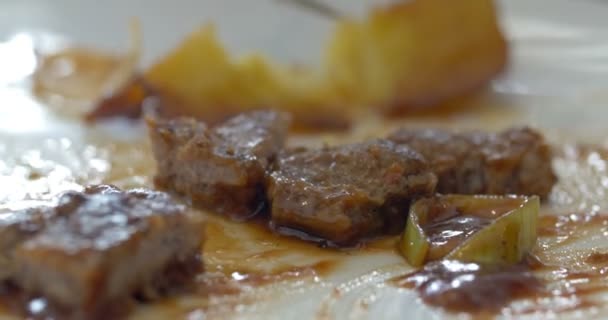 Comer um prato com carne e batatas — Vídeo de Stock