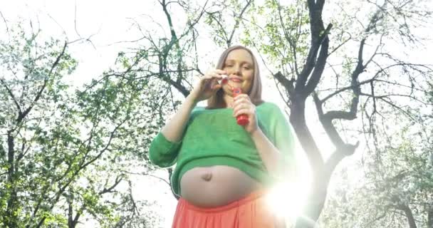 Беременная женщина выдувает мыльные пузыри на открытом воздухе — стоковое видео