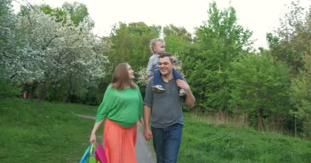 Ευτυχισμένη οικογένεια με τα πόδια στο πάρκο μετά τα ψώνια — Αρχείο Βίντεο