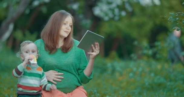 Madre e figlio incinta utilizzando pad nel parco — Video Stock
