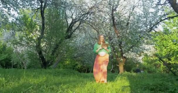 Gravid kvinna med tablet Pc promenader i blommor park — Stockvideo