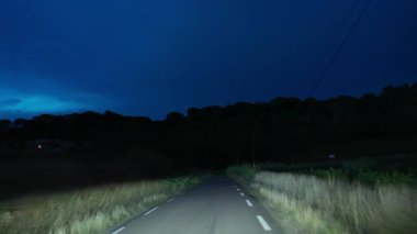 Karanlık kırsal yol gece sürüşü sırasında araba farlarıyla aydınlatılıyor.