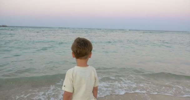 Criança em pé junto ao mar e olhando para ele — Vídeo de Stock