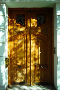 Zengin oymalarla süslü ahşap kapılar ve benekli güneş ışığıyla aydınlatılmış demir ızgaralar.