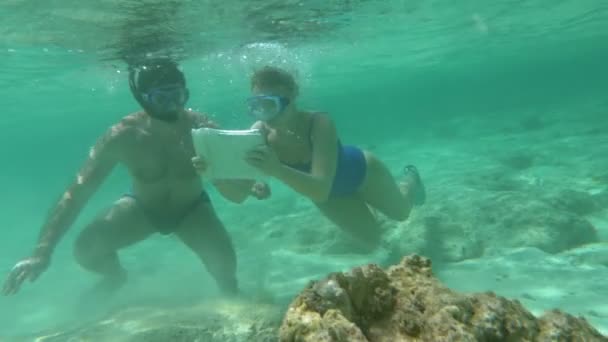 Tourists diving to take photo of coral reef — Stock Video