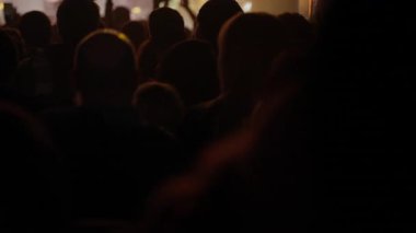 Canlı müzik konseri veya festivalinde elleri havada, dans eden ve tezahürat yapan enerjik bir kalabalığın arka görüntüsü. İnsanların siluetleri parlak sarı ve turuncu sahne ışıklarıyla aydınlatılır.