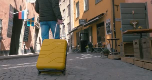 Vue arrière d'un homme voyageur marchant avec une valise — Video