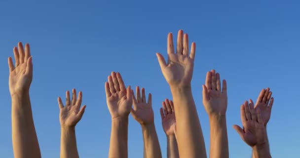 Raised hands against blue sky — Stock Video