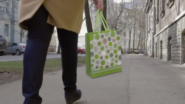 Jambes de femme marchant avec sac à provisions coloré — Video