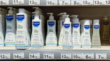 Almeria, Spain - October 08, 2025: Mustela baby skincare products displayed on retail shelf