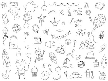 Telif alanı, okul ya da çocuk odası dekorasyonu ile beyaz arkaplana el çizimi eğlenceli tek renkli karalamalar.