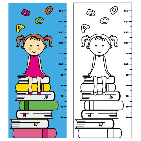 Meter wall. girl sitting on books — Stock Vector