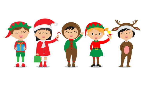 Ομάδα Παιδιών Ντυμένων Χριστουγεννιάτικα Μοτίβα Μεμονωμένο Διάνυσμα — Διανυσματικό Αρχείο