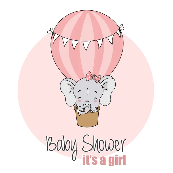 Baby Girl Shower Card Elephant Flying Balloon — Stock Vector