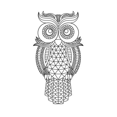 Baykuş kafası boyama kitabı illüstrasyonu. Yetişkinler için stres önleyici boya. siyah ve beyaz çizgiler. Tişört ve boyama kitapları için yazdır.