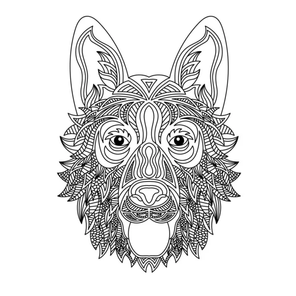 Köpek kafası boyama kitabı illüstrasyonu. Yetişkinler için stres önleyici boya. siyah ve beyaz çizgiler. Tişört ve boyama kitapları için yazdır.