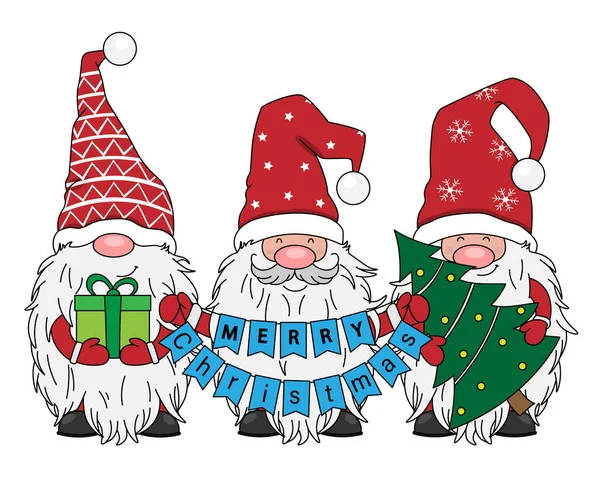 Κάρτα Χρίσμας Τρία Ξωτικά Δώρο Χριστουγεννιάτικο Δέντρο Και Σημαίες — Διανυσματικό Αρχείο