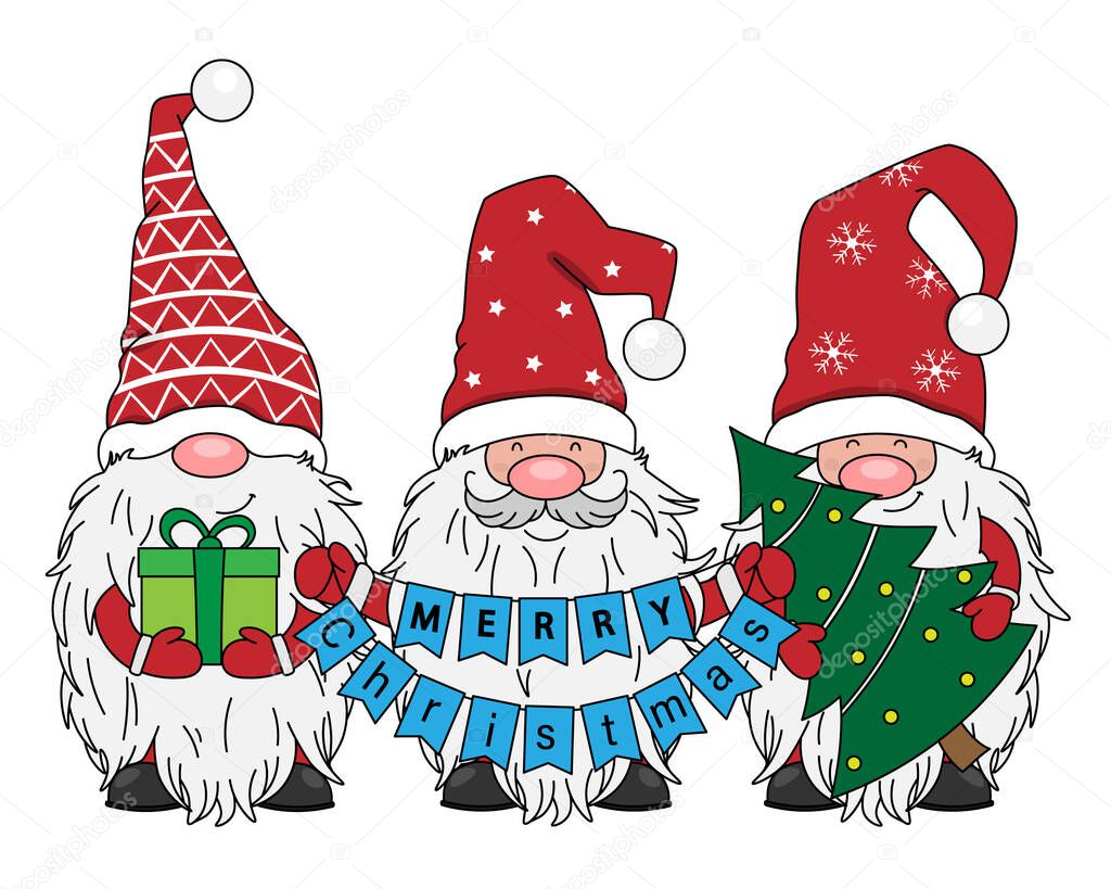 hristmas card. Three gnomes with gift, Christmas tree and flags